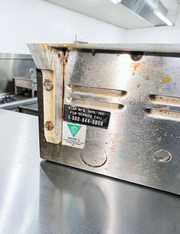 Star Pro-Max 14" Two-Sided Panini Grill, UL & NSF certified, superb condition, stainless steel, service label visible.