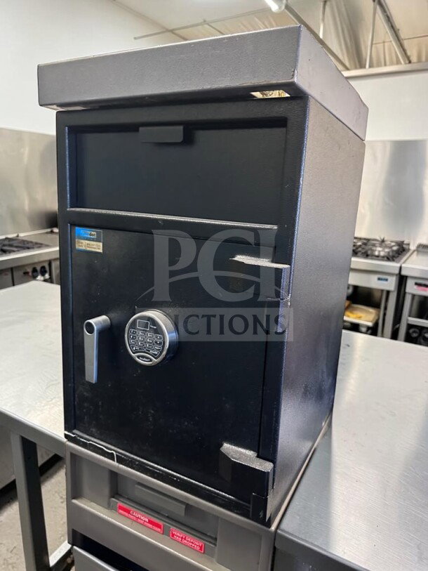 Prime condition Blue Dot Safes depository safe with SecuRam ProLogic digital lock, black finish, fully operational.
