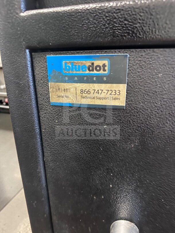 Blue Dot Safes Commercial Depository Safe with SecuRam ProLogic lock. Features label with serial number and support contact info.