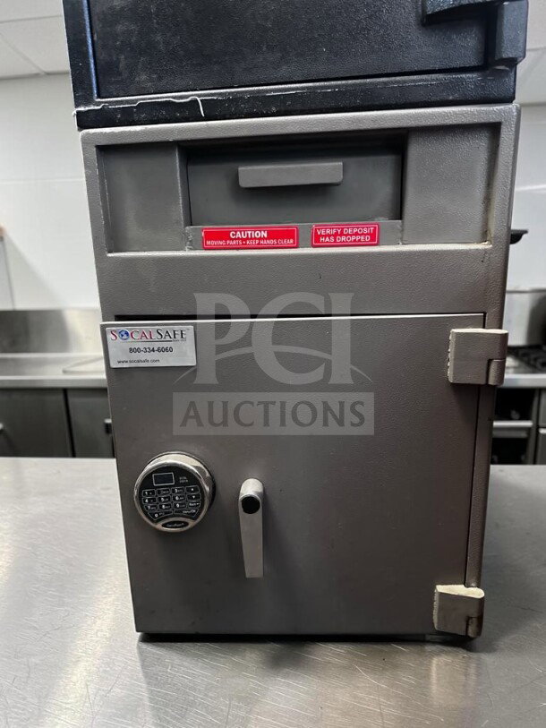 High-grade CalSafe Commercial Depository Safe with digital keypad lock. Heavy-duty, fully tested, operational drop safe. Model CAL-M-SAFE-1139.