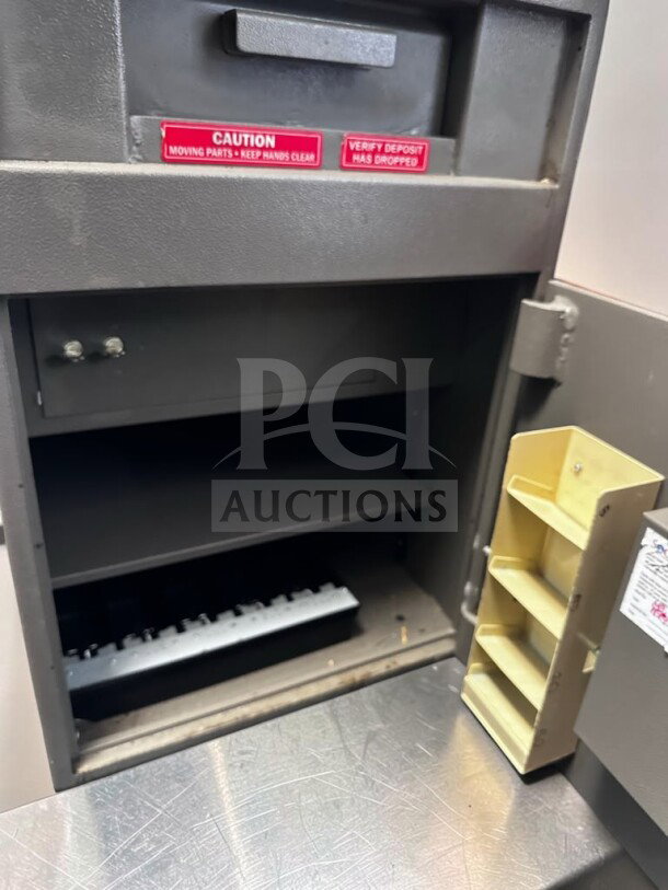 CalSafe Commercial Depository Drop Safe, digital keypad lock, high-grade condition, open door showing interior and caution labels.