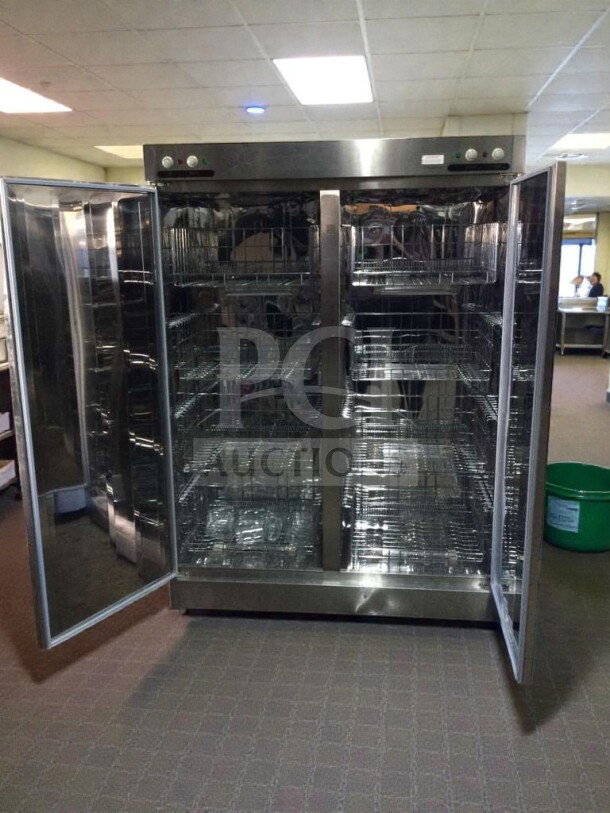 Commercial Equipment XDR640-F1A stainless steel sterilizer cabinet, superior condition, fully tested, dual-door open.