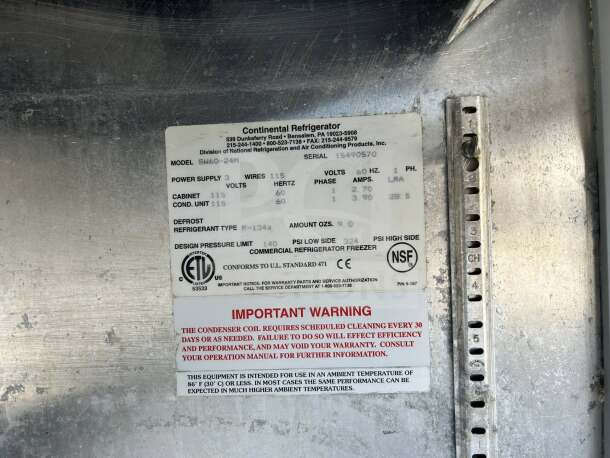 Continental Refrigerator SW60-24M label, showing model, electrical specs, and warnings. Stainless steel, fully tested, operational.