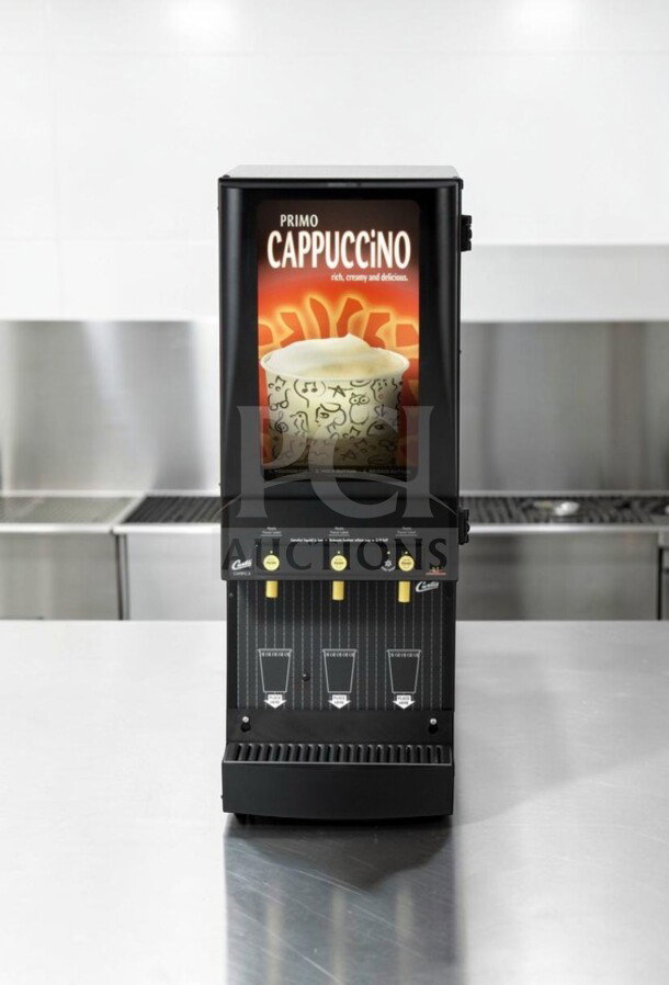 Wilbur Curtis Primo PC-3D-10-01 cappuccino machine with 3 hoppers, outstanding condition, 120V, fully tested, operational.