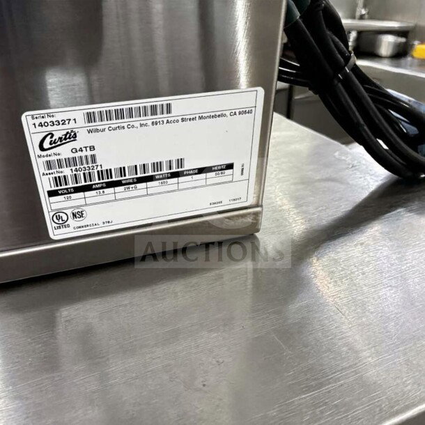 Wilbur Curtis G4TB tea brewer, 3–5 gal capacity, like-new, digital control, model label visible indicating 120V, 1650W.