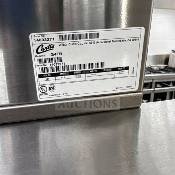 Wilbur Curtis G4TB Commercial Tea Brewer, like-new, 3-5 gallon capacity, 120V, digital control. Serial: 14033271.