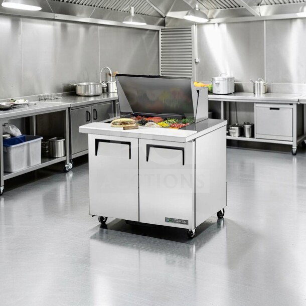 True TSSU-36-12M-B-HC commercial sandwich prep table in elite condition, 36-inch, stainless steel, 115V, fully operational.