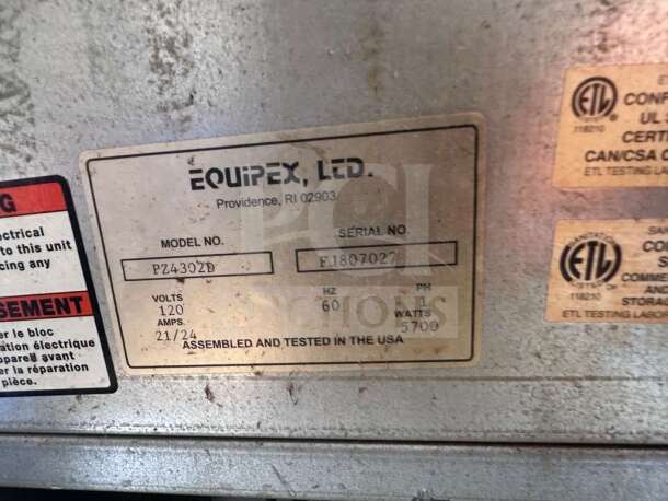 Equipex PZ-4302D pizza oven label showing model, serial number, voltage, amperage, and testing certifications.