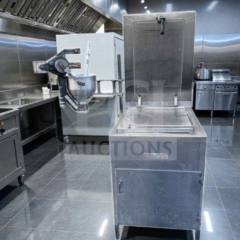 Stainless steel Lucks G1826 natural gas donut fryer, excellent condition, 60,000 BTU, open kettle, with donut screen and manual depositor.