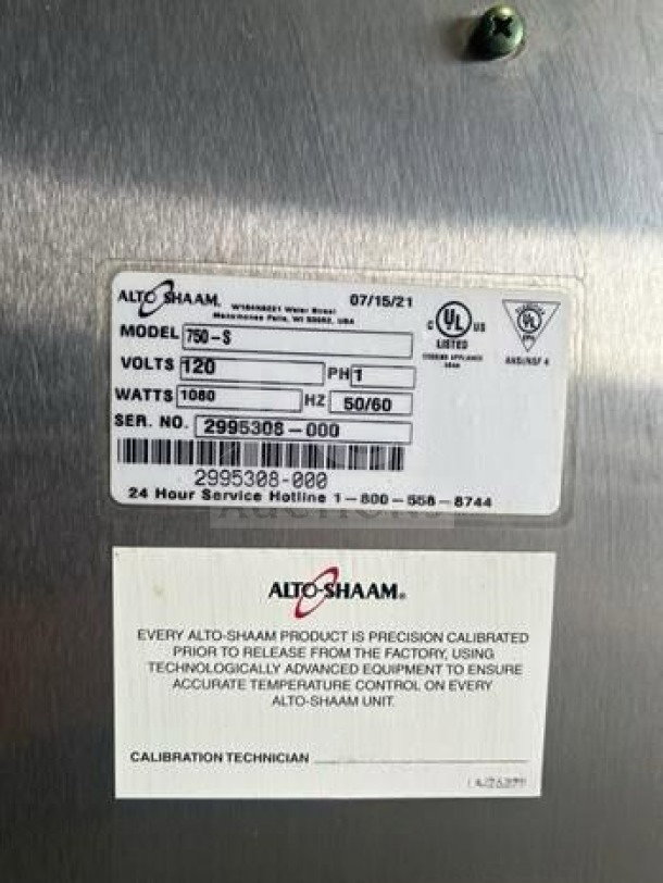 Alto-Shaam 750-S mobile heat cabinet label, model 750-S, 120V, fully tested, holds 10 full-size pans, UL listed.