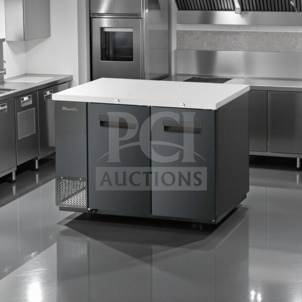Blue Air BBB59-2B-HC 59" commercial back bar cooler, black finish, 2 sliding glass doors, 19.4 Cu. Ft., excellent condition.
