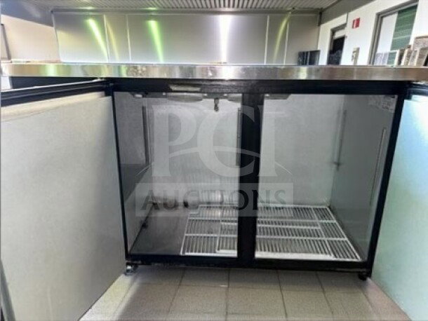 Blue Air BBB59-2B-HC back bar cooler, 59" wide, 19.4 cu. ft., 2 sliding glass doors, black finish, excellent condition, UL/ETL listed.