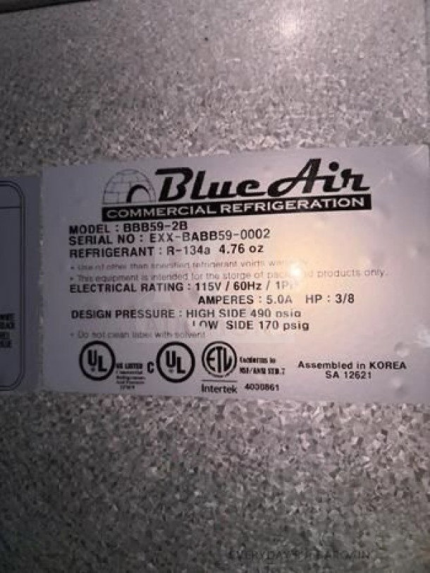 Blue Air BBB59-2B-HC label, showing model details, serial number EXX-BAB59-0002, 115V, UL/ETL listed.