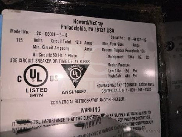 Howard-McCray SC-OS30E-3-B-LED label showing model details, UL/NSF certifications, and technical specifications.