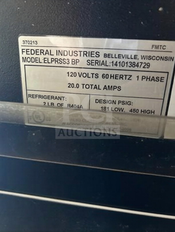 Federal Industries ELPRSS3 BP label details; UL/NSF listed, 120V, 60Hz, 20A, refrigerant R404A, model ELPRSS3 BP, serial 14101384729.