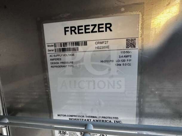 Hoshizaki CRMF27 commercial undercounter freezer label showing model, serial number, and specifications. NSF/ETL listed.