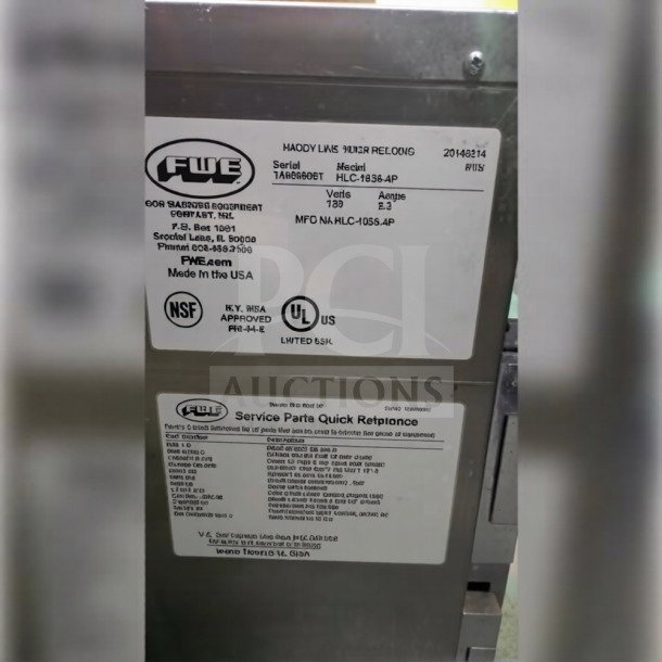 FWE HLC-1826-4(A) heated holding cabinet, 4 pan capacity, 120V, excellent condition, fully operational. Labels show model and safety certifications.