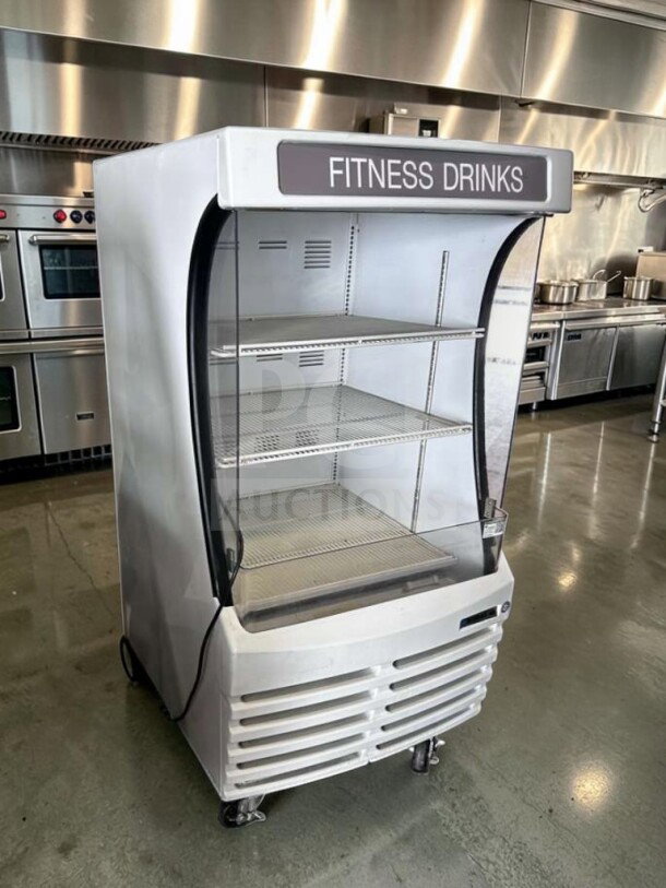 Beverage-Air BZ13-1-W open display case, 30" wide, 3-tier, excellent condition, "Fitness Drinks" label, fully operational.