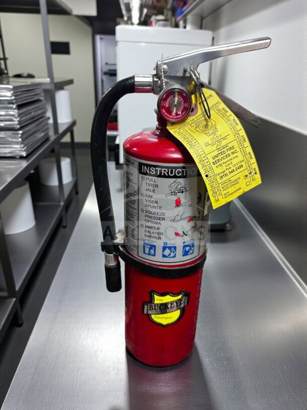 Buckeye 5 HI SA40 ABC fire extinguisher, prime condition, inspected, operational, UL listed, with instruction labels.
