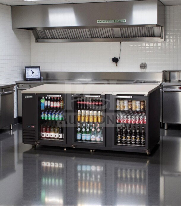 Elite Everest EBB90G commercial back bar refrigerator, 89 1/4", black, three glass doors, ETL/NSF listed, fully tested.