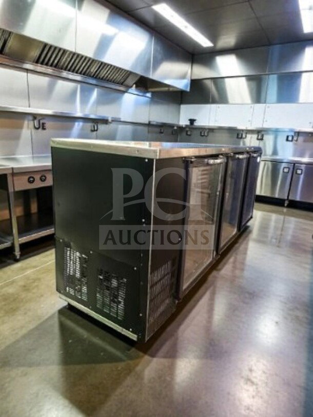 Everest EBB90G commercial back bar refrigerator in elite condition, 89 1/4", black, 3 glass swinging doors, ETL/NSF listed.