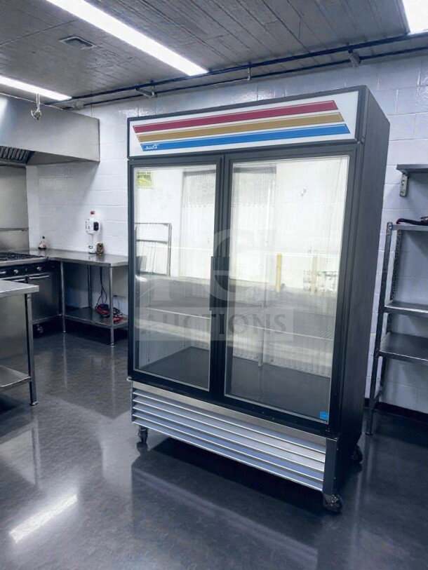 True GDM-49F-LTF-HC~TSL01 freezer, two-section black glass door, 54", LED lighting, 8 shelves, NSF/UL listed, fully tested.