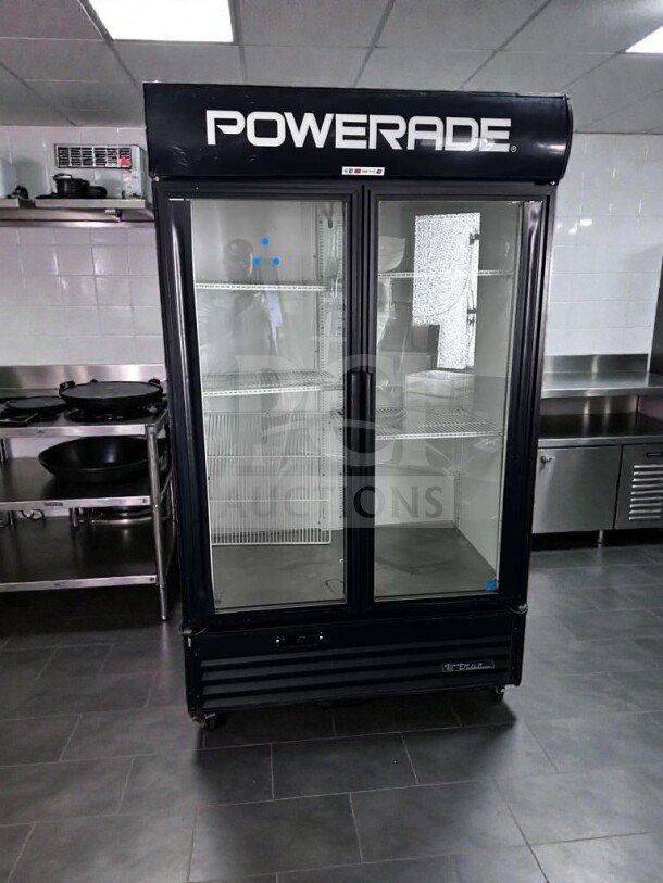 Powerade branded True GDM-43EM merchandiser refrigerator, excellent condition, 2 glass doors, ENERGY STAR, NSF listed.