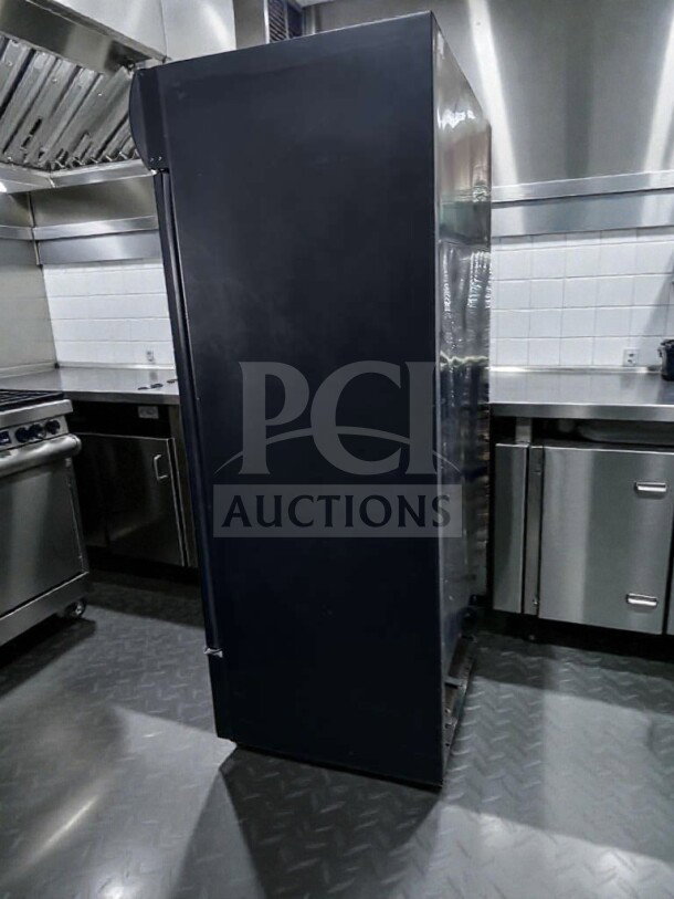True GDM-43EM Powerade branded glass door merchandiser refrigerator, 2 swing glass doors, excellent condition, 115V.