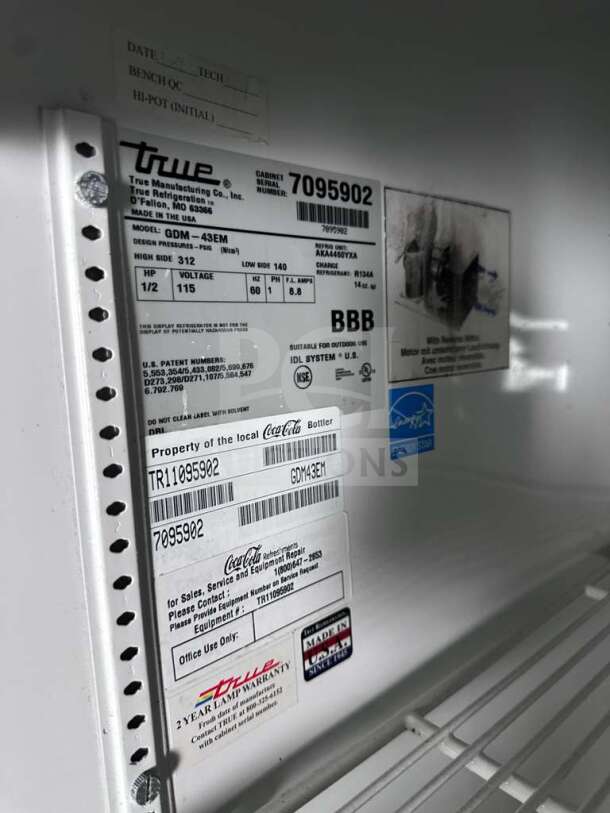 True GDM-43EM Powerade Branded Glass Door Merchandiser Refrigerator label, showcasing model, voltage, and ENERGY STAR rating.