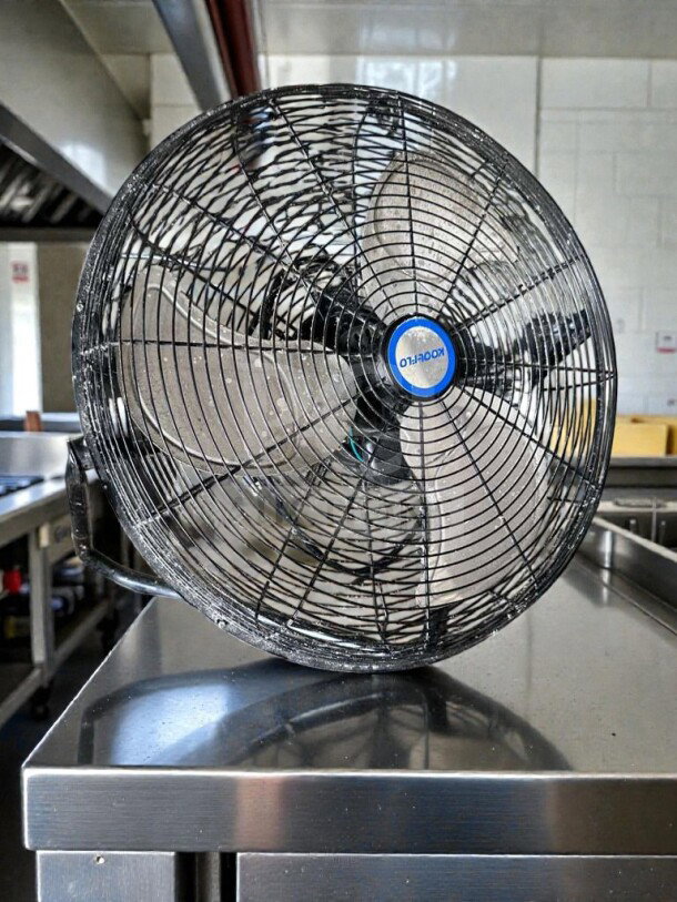 Commercial 18" high-velocity floor fan with black metal frame, model DF18/PSC-600B, fully operational, UL listed.