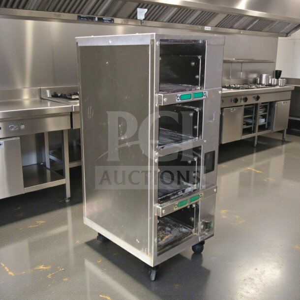 Prince Castle PHB41F1-PLK01, 4-level heated food holding bin, stainless steel, first-class condition, on wheels, 120V.