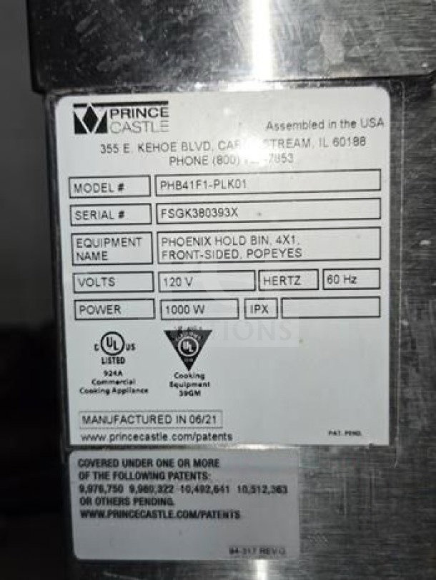 Prince Castle PHB41F1-PLK01 label; 4x1 heated food bin; 120V, 1000W; UL/NSF listed; serial FSGK380393X; manufactured 06/21.