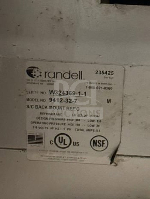 Randell 9412-32-7 tag on refrigerated sandwich prep table, NSF/UL listed, 115V, pristine condition, fully tested and operational.