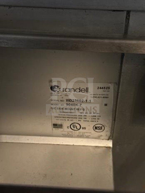 Randell 9040K-7 sandwich/salad top refrigerated counter label, NSF/UL listed, serial W925602-1-1, excellent condition.