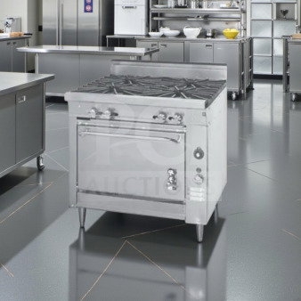 Montague 136-5A Legend 36" gas range, four 18" burners, standard oven base, 160,000 BTU, NSF/cETLus listed, excellent condition.