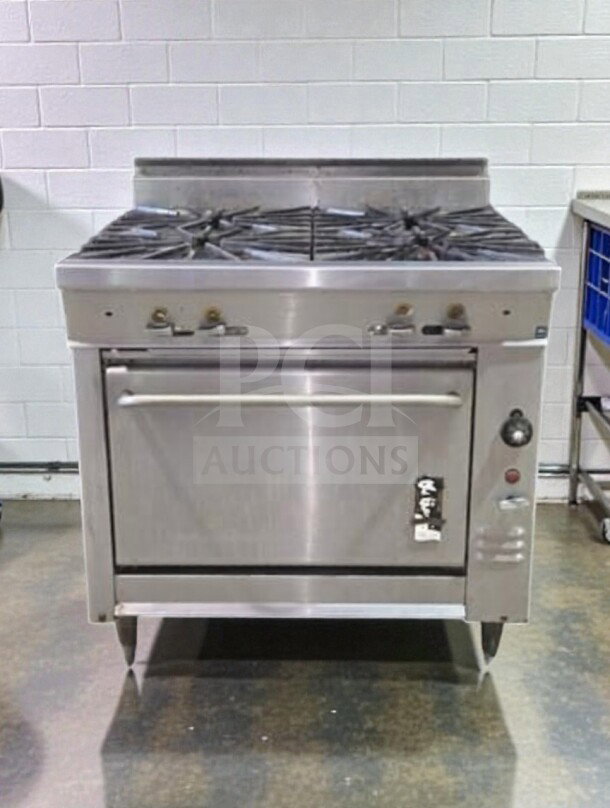 Montague 136-5A Legend 36" gas range, 4 burners, oven base, 160,000 BTU, NSF/cETLus listed, fully tested, excellent condition.