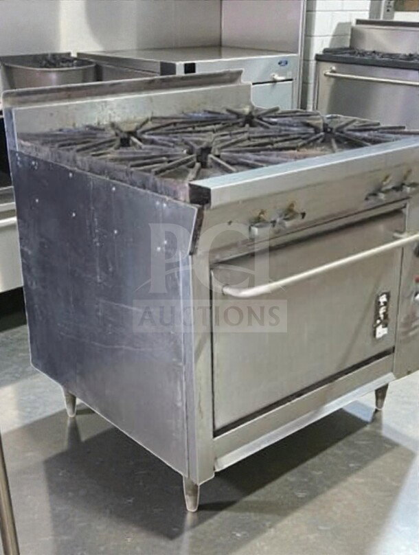 Montague 136-5A Legend 36" gas range with four 18" burners, standard oven base, 160,000 BTU, fully tested, NSF/cETLus listed.