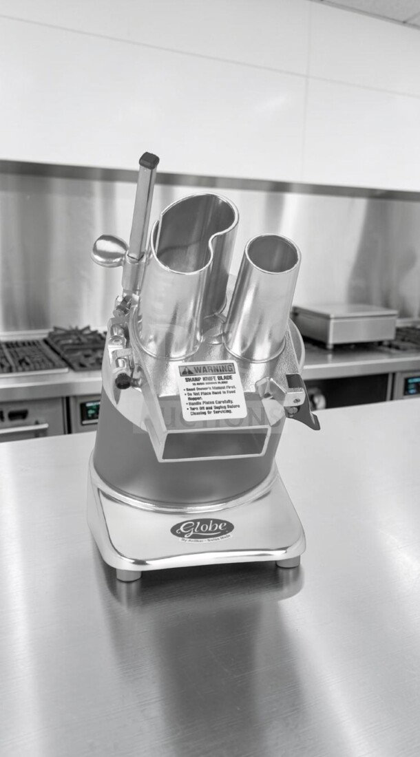 Globe GFP500 commercial food processor, remarkable condition, 1/2 HP, 115V, ETL/NSF certified, fully operational.