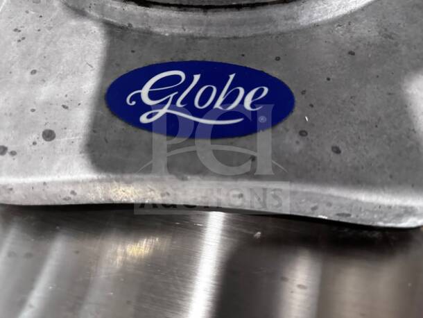 Globe GFP500 food processor in remarkable condition, 1/2 HP, ETL/NSF certified, fully tested, blue logo visible.