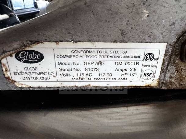 Globe GFP500 commercial food processor label, ETL/NSF certified, 1/2 HP, 115V, model no. GFP500, serial no. 81073.