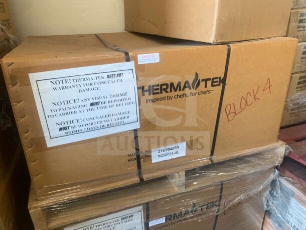 Boxed THERMA-TEK TCHP24-4L countertop hot plate, 4 burners, 208-240V, single phase, brand new, with warranty notice.