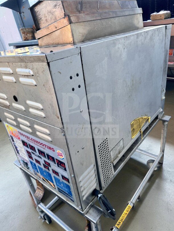 Duke FBB-NC-120 commercial gas conveyor broiler. Burger King model, UL listed, fully operational, troubleshooting label visible.
