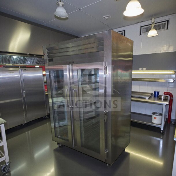 Stainless steel Traulsen RHT232WUT-FHG refrigerator, double glass door, 51.6 cu. ft., ETL/NSF listed, excellent condition.