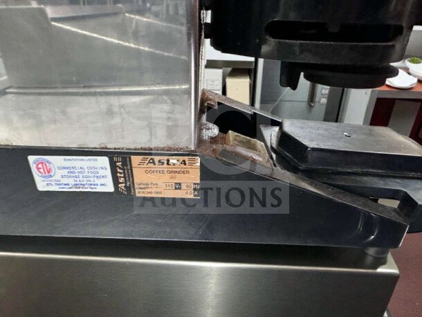 Astra Commercial Espresso Coffee Grinder, model AST-M-GRD-0391, UL Listed, 115V, fully tested, premium condition, visible labels.