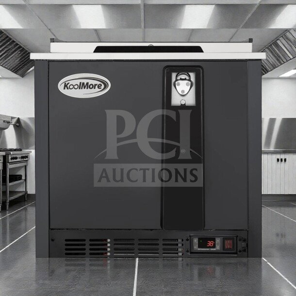 KoolMore 25" Commercial Bottle Cooler, Model KM-BOC25-BK, 5 Cu. Ft., built-in opener, brand new, ETL listed, black finish.