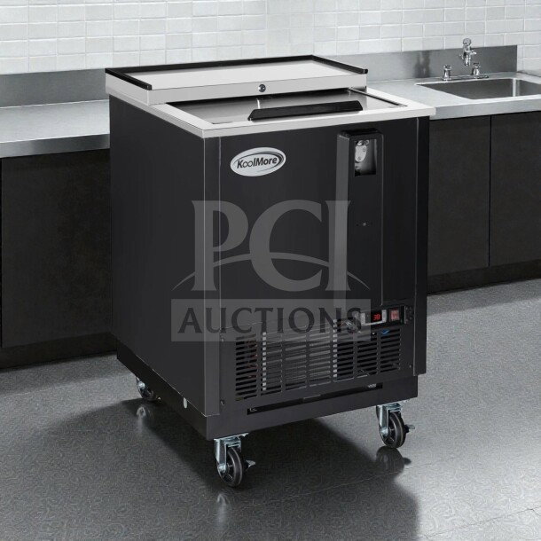Brand new KoolMore KM-BOC25-BK, 25" commercial bottle cooler, 5 cu. ft., built-in opener, ETL listed, on casters.