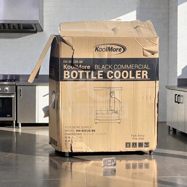 Brand new KoolMore KM-BOC25-BK 25 in. Commercial Bottle Cooler in box, 5 cu. ft., built-in opener, ETL listed.