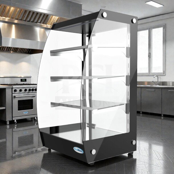 Brand new KoolMore DC-3CB pastry display case with LED lighting, rear door, 2.7 cu. ft., in original box.