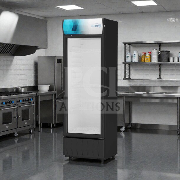 Brand new KoolMore MDR-9CP commercial one-door merchandiser refrigerator, 9 Cu. Ft., ETL listed, in original packaging.