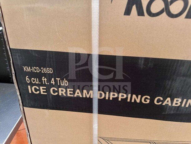 Brand new KoolMore KM-ICD-26SD ice cream dipping cabinet freezer, 6 cu. ft., 4 tub capacity, UL listed, in original box.